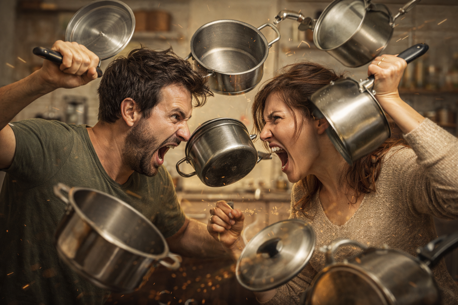 Streitendes Paar mit fliegenden Töpfen?